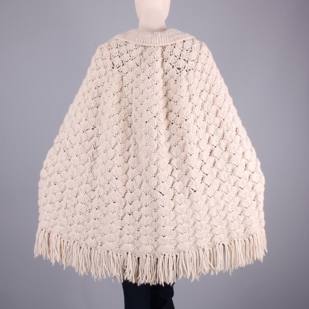 Vintage 60s Crochet Sweater Knit Fringe Poncho - Picture 3 of 6